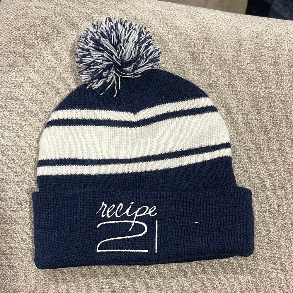 Recipe 21 Navy and White Pom-Pom Beanie
